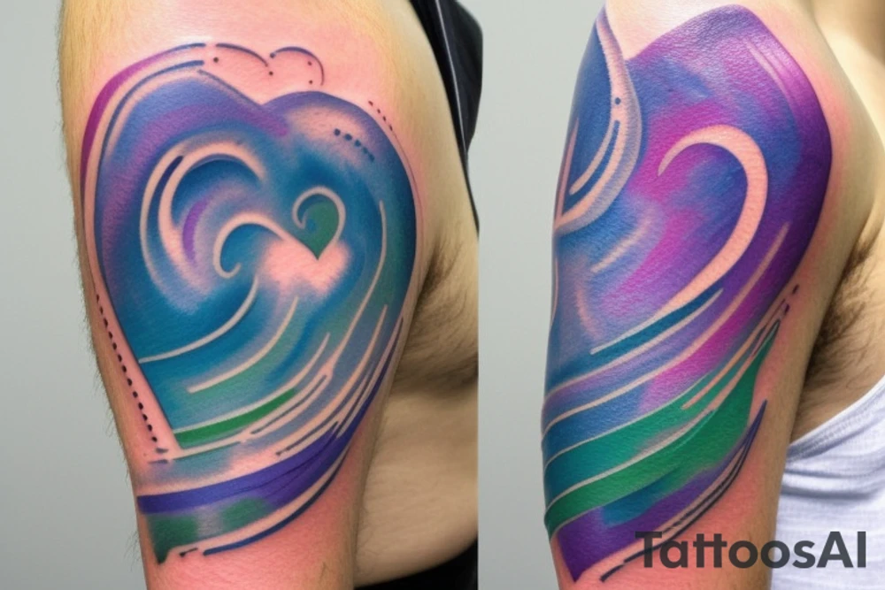 VERY small shoulder tattoo. wave contained partly in a heart. Blues, green and purple colors and blending tattoo idea