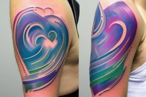 VERY small shoulder tattoo. wave contained partly in a heart. Blues, green and purple colors and blending tattoo idea