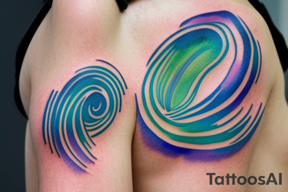 VERY small shoulder tattoo. wave contained partly in a heart. Blues, green and purple colors and blending tattoo idea