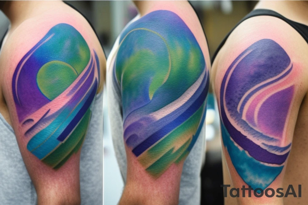 VERY small shoulder tattoo. wave contained partly in a heart. Blues, green and purple colors and blending tattoo idea