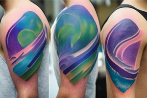 VERY small shoulder tattoo. wave contained partly in a heart. Blues, green and purple colors and blending tattoo idea