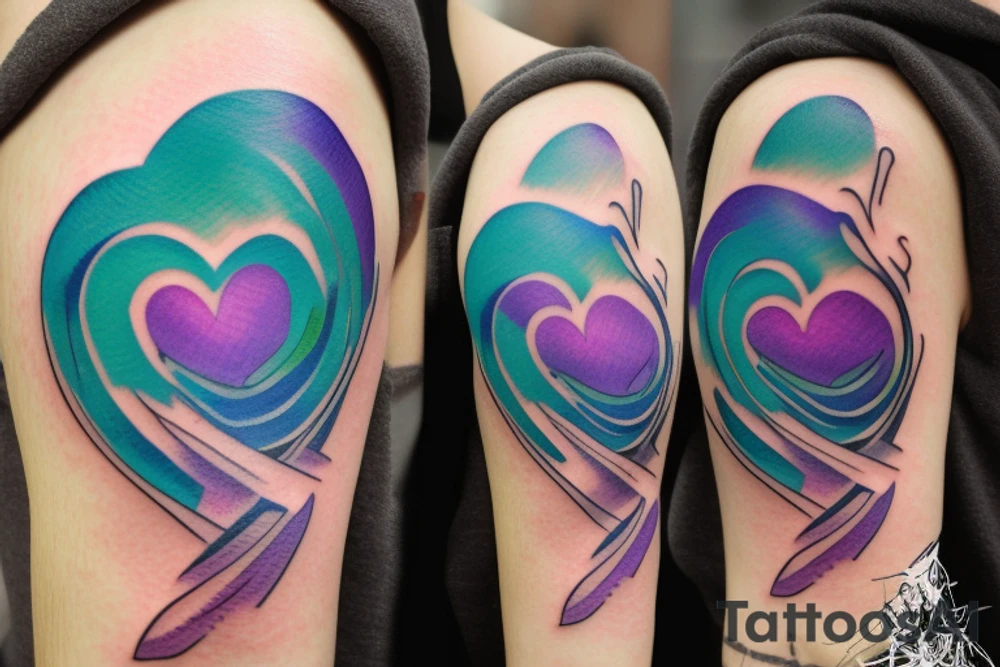 VERY small shoulder tattoo. wave contained partly in a heart. Blues, green and purple colors and blending tattoo idea