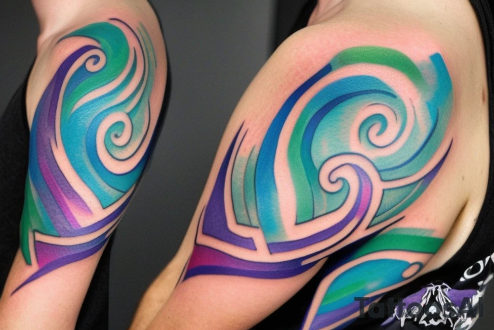 VERY small shoulder tattoo. wave contained partly in a heart. Blues, green and purple colors and blending tattoo idea