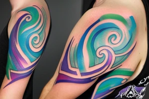VERY small shoulder tattoo. wave contained partly in a heart. Blues, green and purple colors and blending tattoo idea