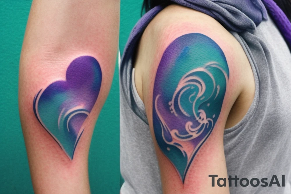 VERY small shoulder tattoo. wave contained partly in a heart. Blues, green and purple colors and blending tattoo idea