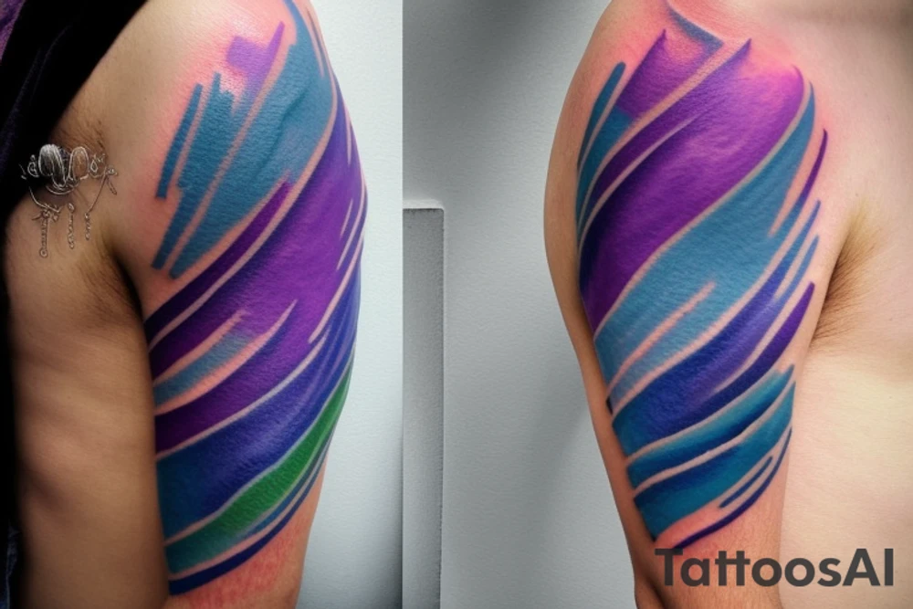 VERY small shoulder tattoo. wave contained partly in a heart. Blues, green and purple colors and blending tattoo idea
