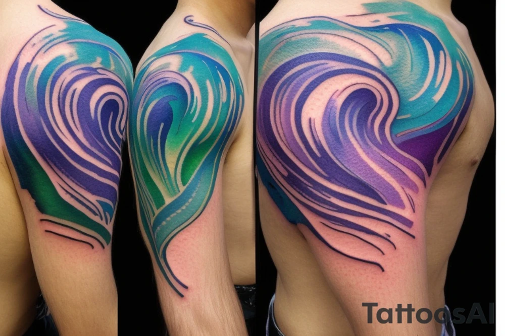 VERY small shoulder tattoo. wave contained partly in a heart. Blues, green and purple colors and blending tattoo idea