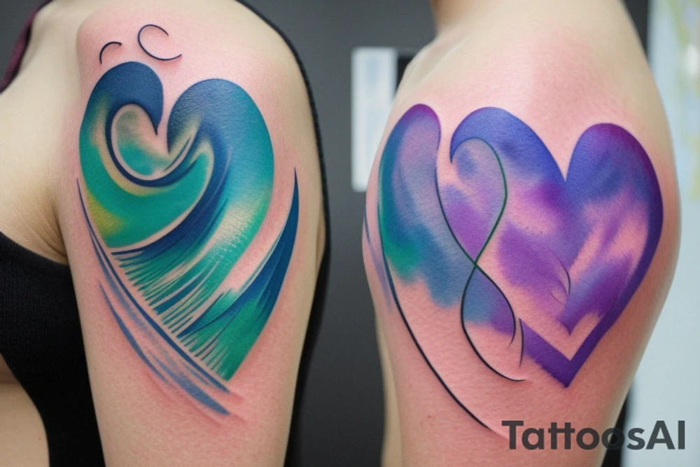 VERY small shoulder tattoo. wave contained partly in a heart. Blues, green and purple colors and blending tattoo idea