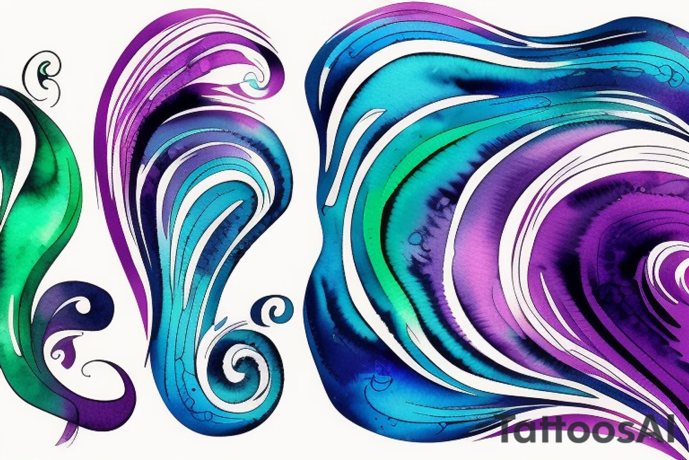 VERY small shoulder tattoo. wave contained partly in a heart. Blues, green and purple colors and blending. Flowing style tattoo idea