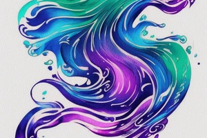 VERY small shoulder tattoo. wave contained partly in a heart. Blues, green and purple colors and blending. Flowing style tattoo idea