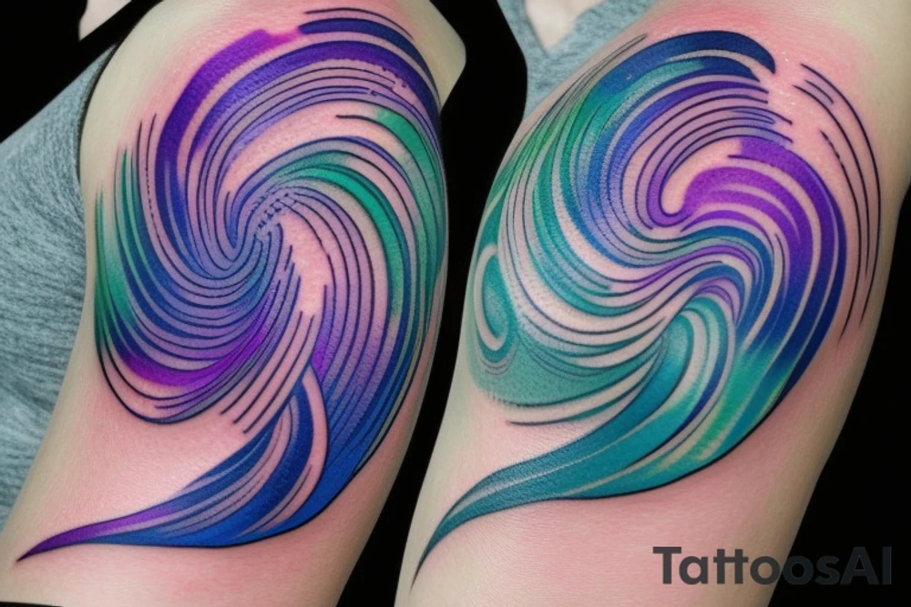 VERY small shoulder tattoo. wave contained partly in a heart. Blues, green and purple colors and blending. Flowing style tattoo idea