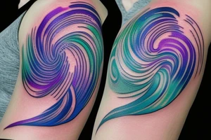 VERY small shoulder tattoo. wave contained partly in a heart. Blues, green and purple colors and blending. Flowing style tattoo idea