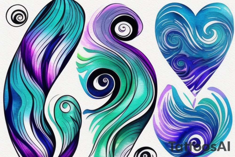 VERY small shoulder tattoo. wave contained partly in a heart. Blues, green and purple colors and blending. Flowing style tattoo idea