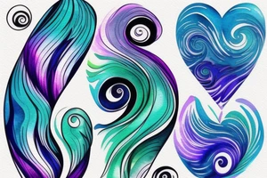 VERY small shoulder tattoo. wave contained partly in a heart. Blues, green and purple colors and blending. Flowing style tattoo idea