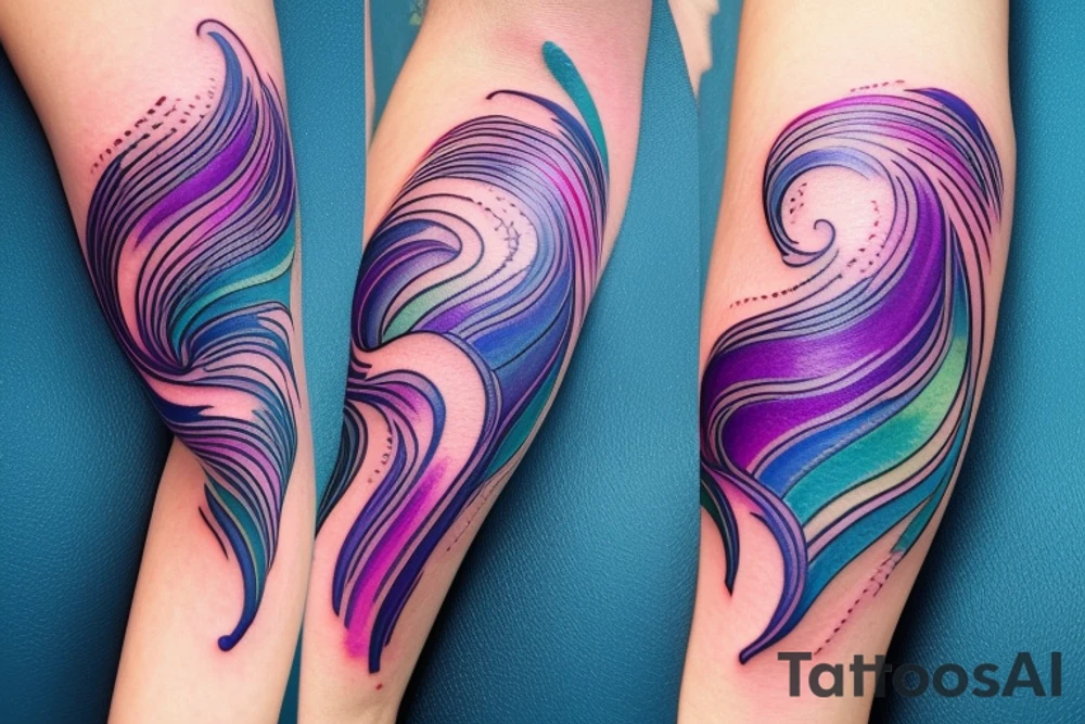 VERY small shoulder tattoo. flowing wave contained partly in a heart. Blues, green and purple colors and blending tattoo idea