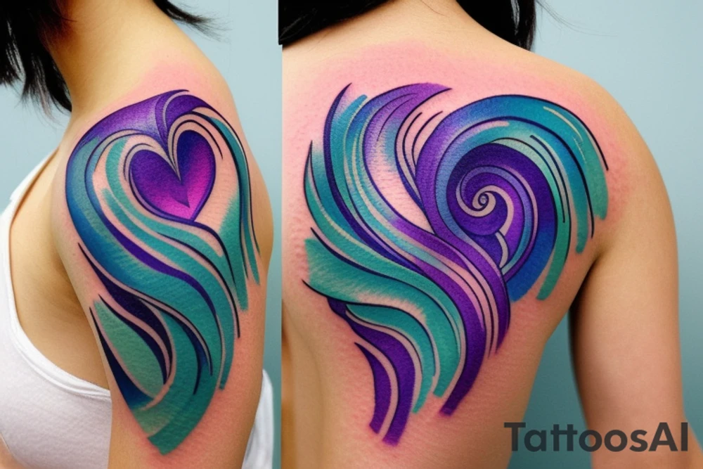 VERY small shoulder tattoo. flowing wave contained partly in a heart. Blues, green and purple colors and blending tattoo idea