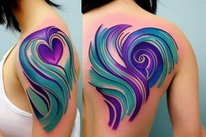 VERY small shoulder tattoo. flowing wave contained partly in a heart. Blues, green and purple colors and blending tattoo idea