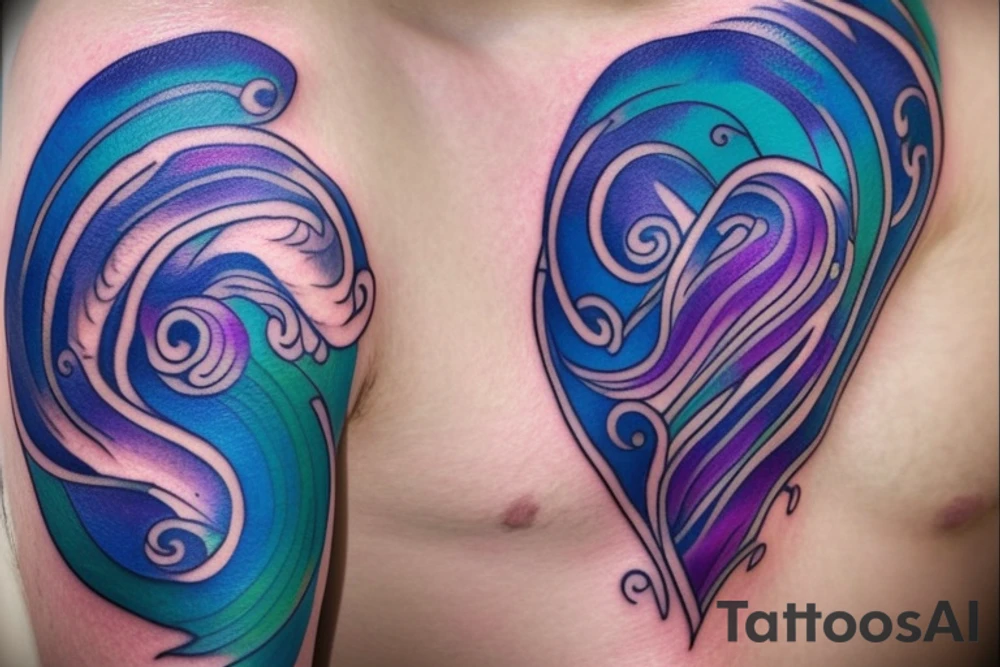 VERY small shoulder tattoo. flowing wave in a heart. Blues, green and purple colors and blending tattoo idea