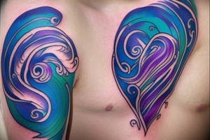 VERY small shoulder tattoo. flowing wave in a heart. Blues, green and purple colors and blending tattoo idea