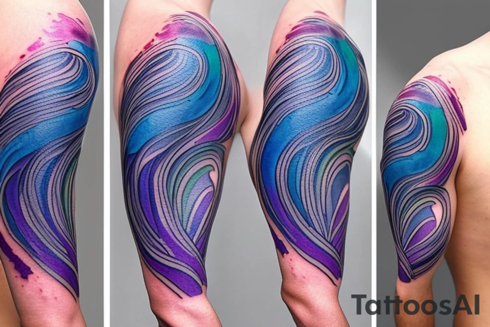 VERY small shoulder tattoo. flowing wave in a heart. Blues, green and purple colors and blending tattoo idea