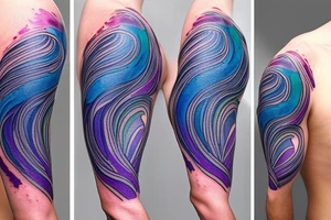 VERY small shoulder tattoo. flowing wave in a heart. Blues, green and purple colors and blending tattoo idea