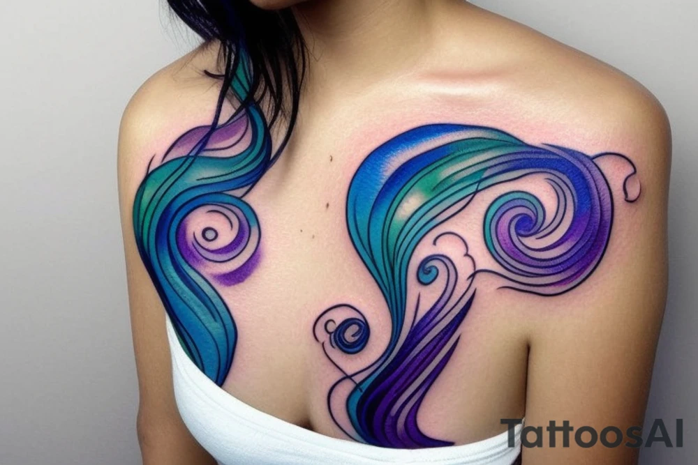 VERY small shoulder tattoo. flowing wave in a heart. Blues, green and purple colors and blending tattoo idea