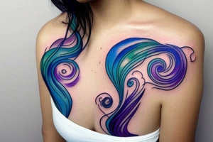 VERY small shoulder tattoo. flowing wave in a heart. Blues, green and purple colors and blending tattoo idea