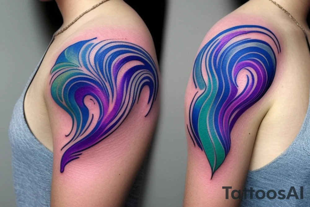 VERY small shoulder tattoo. flowing wave in a heart. Blues, green and purple colors and blending tattoo idea