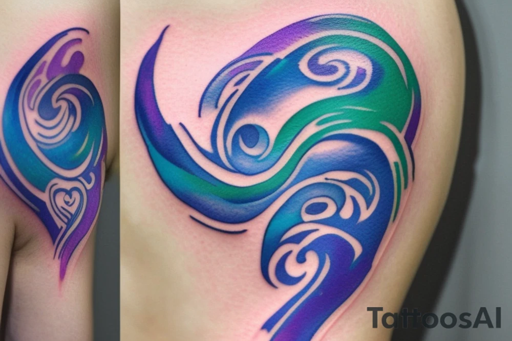 VERY small shoulder tattoo. flowing wave in a heart. Blues, green and purple colors and blending tattoo idea