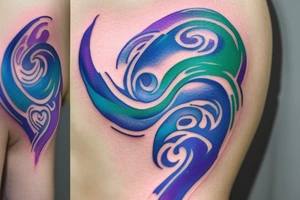 VERY small shoulder tattoo. flowing wave in a heart. Blues, green and purple colors and blending tattoo idea