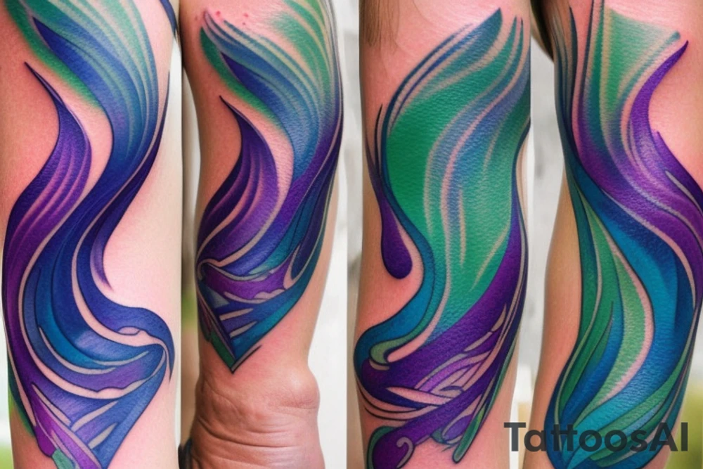 VERY small shoulder tattoo. flowing wave in a heart. Blues, green and purple colors and blending tattoo idea