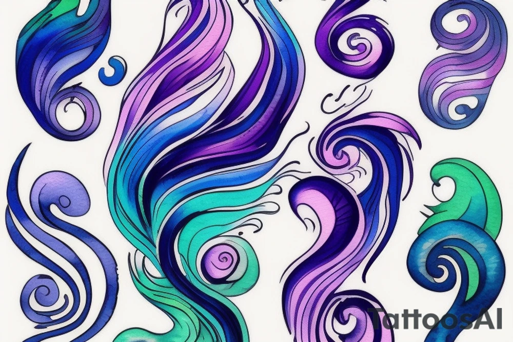 VERY small shoulder tattoo. flowing wave in a heart. Blues, green and purple colors and blending tattoo idea