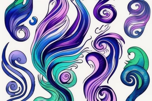 VERY small shoulder tattoo. flowing wave in a heart. Blues, green and purple colors and blending tattoo idea