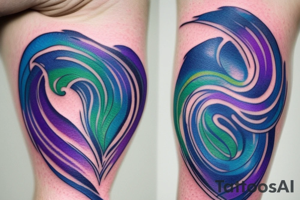VERY small shoulder tattoo. flowing wave in a heart. Blues, green and purple colors and blending tattoo idea