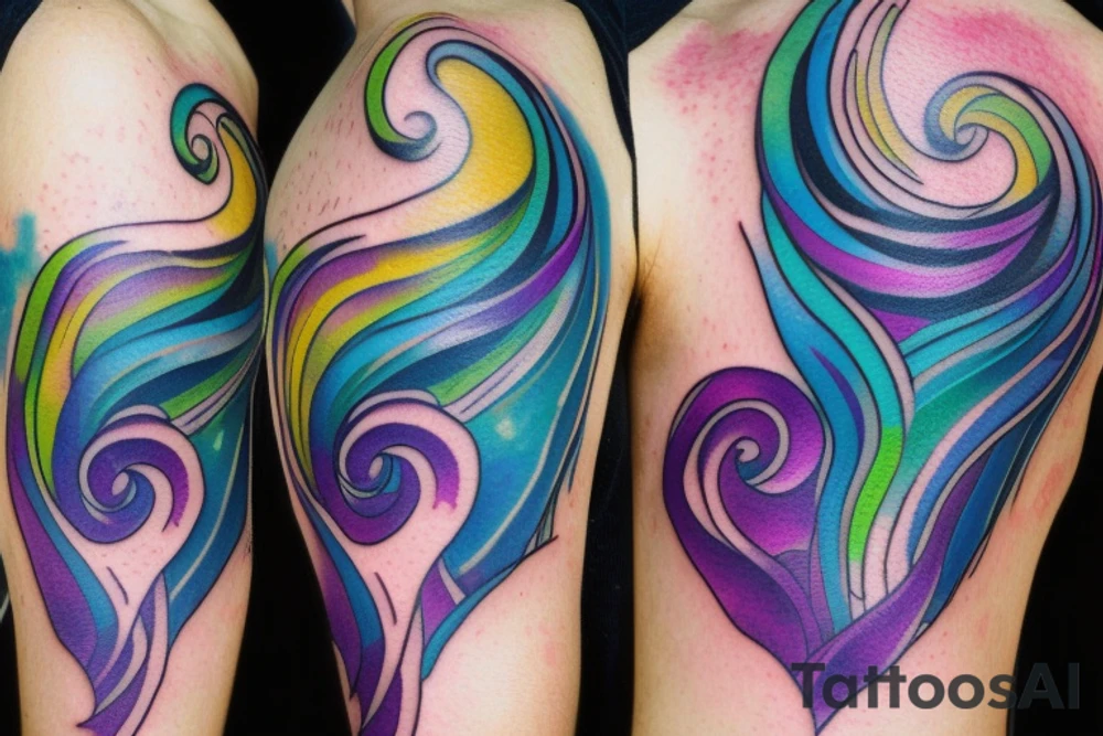 VERY small shoulder tattoo. flowing wave, heart shaped. Blues, green and purple colors and blending tattoo idea