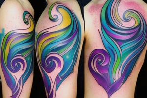 VERY small shoulder tattoo. flowing wave, heart shaped. Blues, green and purple colors and blending tattoo idea