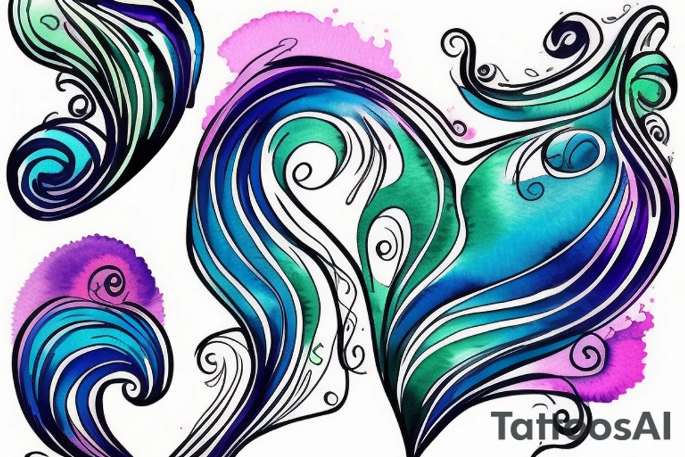 VERY small shoulder tattoo. flowing wave, heart shaped. Blues, green and purple colors and blending tattoo idea