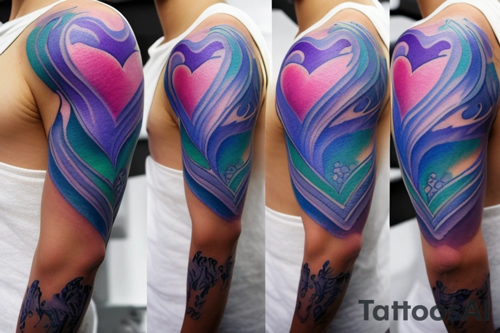 VERY small shoulder tattoo. flowing wave, heart shaped. Blues, green and purple colors and blending tattoo idea