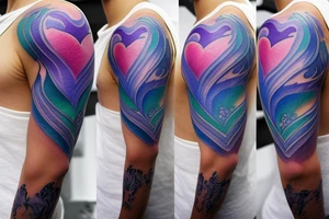 VERY small shoulder tattoo. flowing wave, heart shaped. Blues, green and purple colors and blending tattoo idea