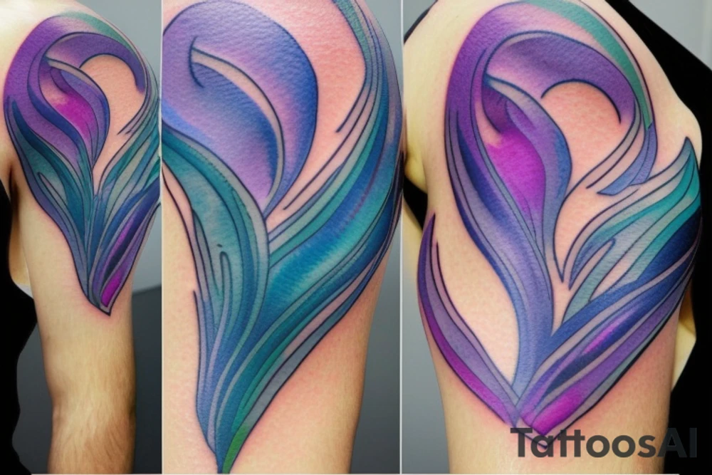 VERY small shoulder tattoo. flowing wave, heart shaped. Blues, green and purple colors and blending tattoo idea