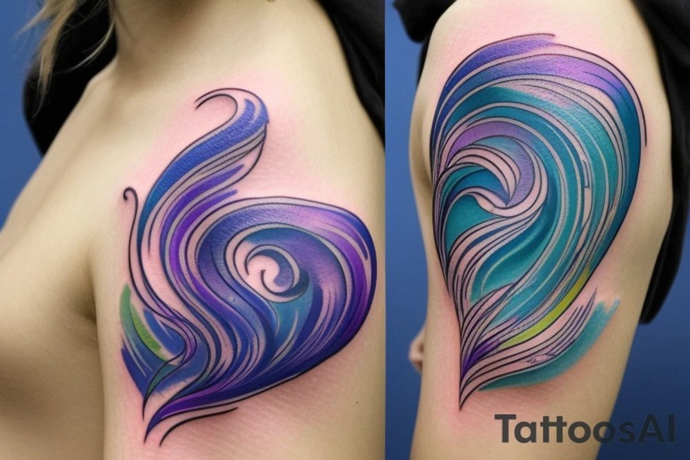 VERY small shoulder tattoo. flowing wave, heart shaped. Blues, green and purple colors and blending. tattoo idea