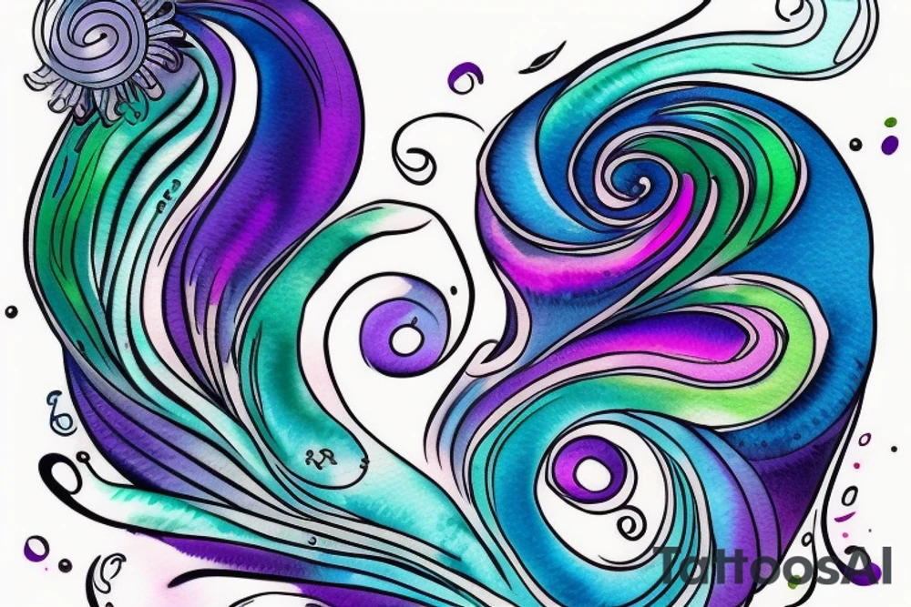 VERY small shoulder tattoo. flowing wave, heart shaped. Blues, green and purple colors and blending. tattoo idea