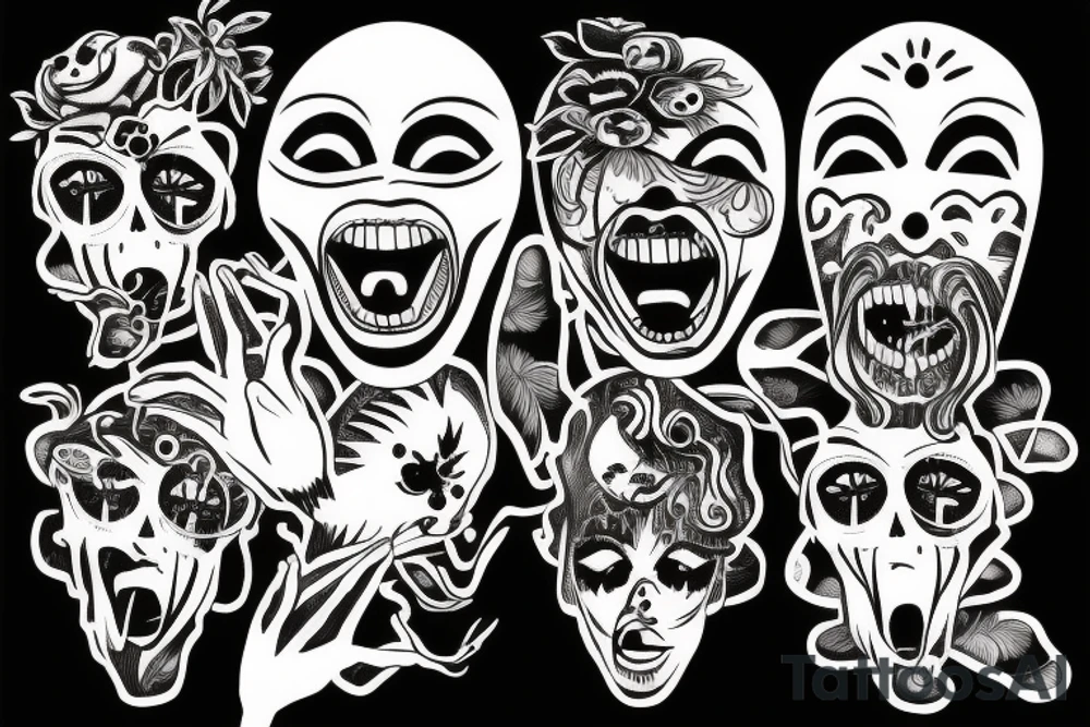 Unique tattoo design combining the scream mask, a bonsai tree and two hands doing finger guns tattoo idea