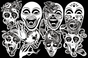 Unique tattoo design combining the scream mask, a bonsai tree and two hands doing finger guns tattoo idea