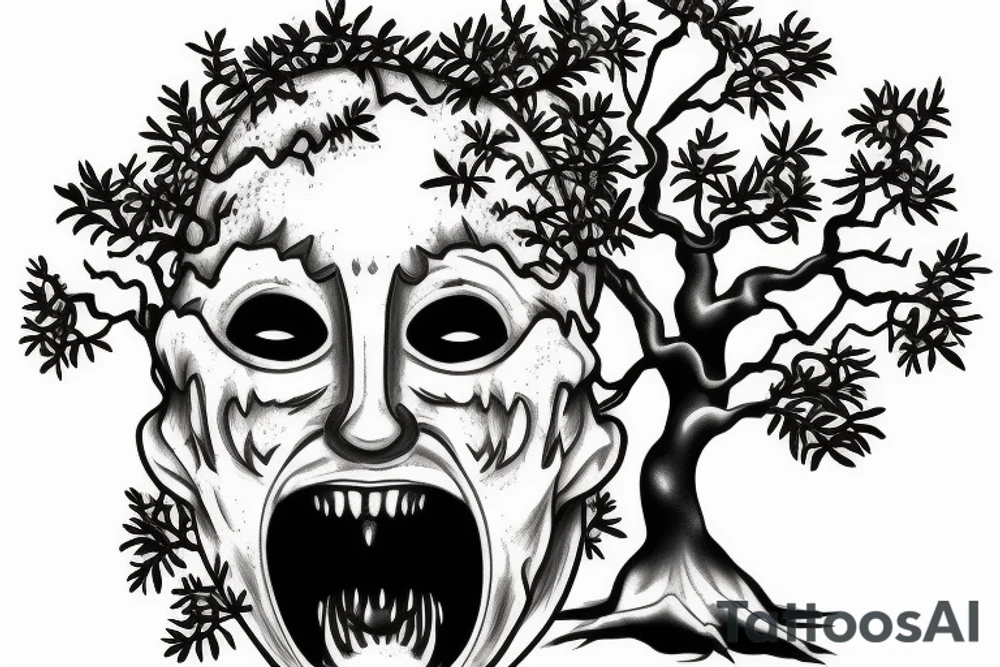 Scream mask with bonsai tree around it tattoo idea