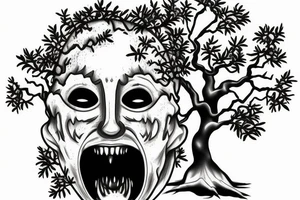 Scream mask with bonsai tree around it tattoo idea