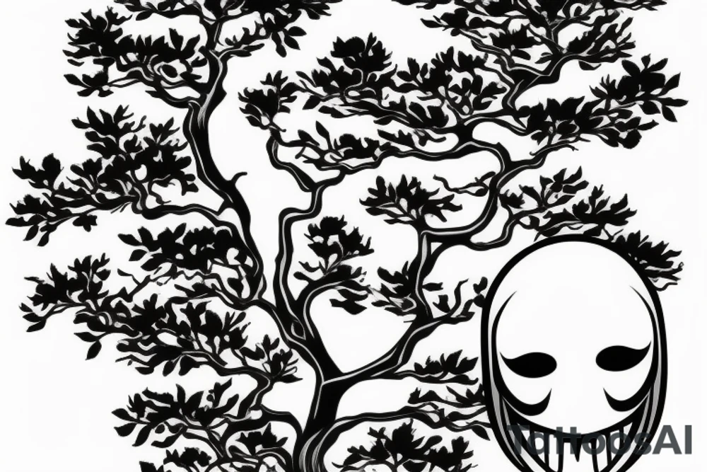 Scream mask with bonsai tree around it tattoo idea