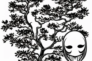 Scream mask with bonsai tree around it tattoo idea