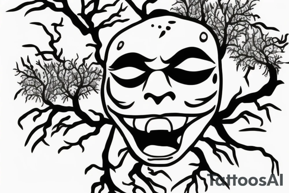 Scream mask with bonsai tree around it tattoo idea
