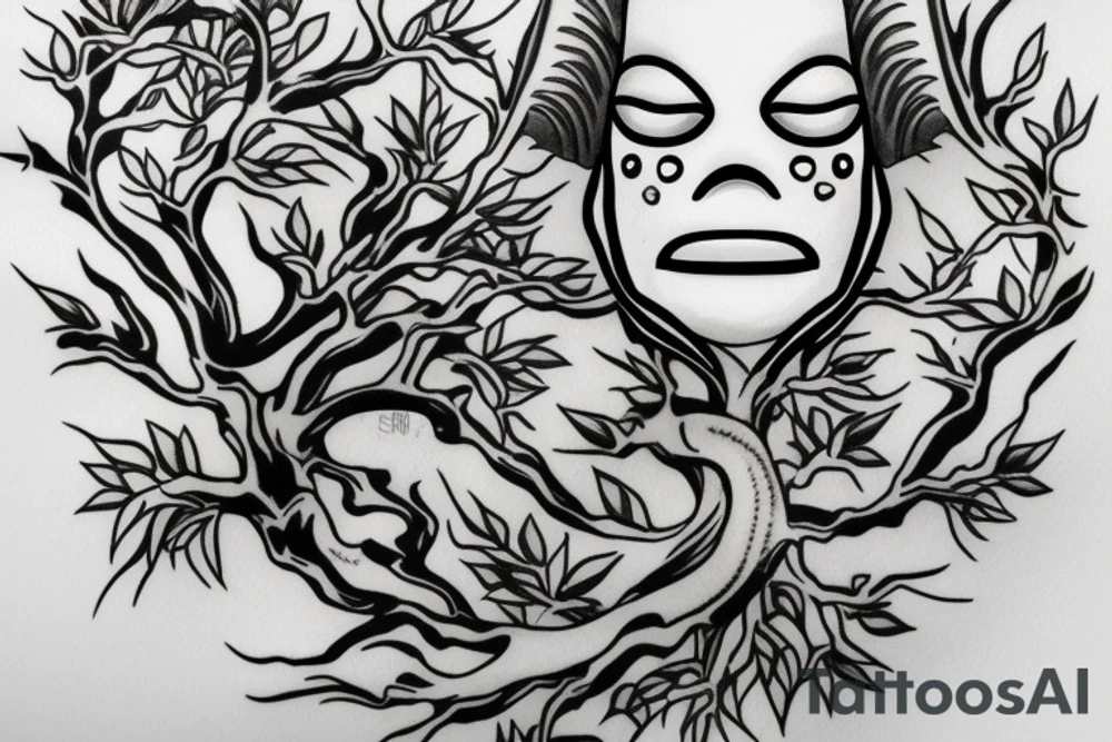 Scream mask with bonsai tree around it tattoo idea